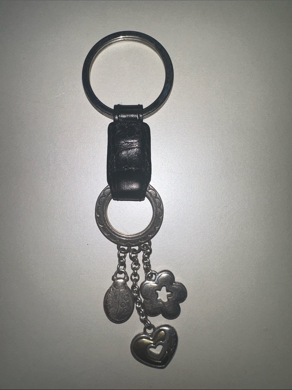Brighton Black Leather Keyring with Silver Flower & Heart Charms